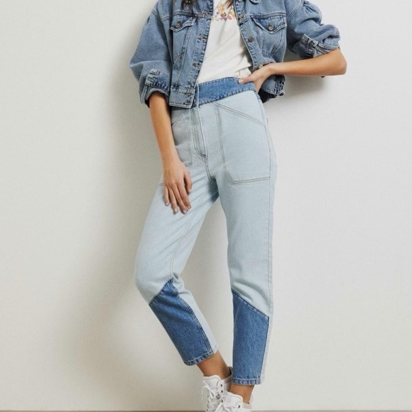 ba&sh Apolo Jeans Tapered Leg Size 2 Patchwork Two Tone Denim - Picture 1 of 6